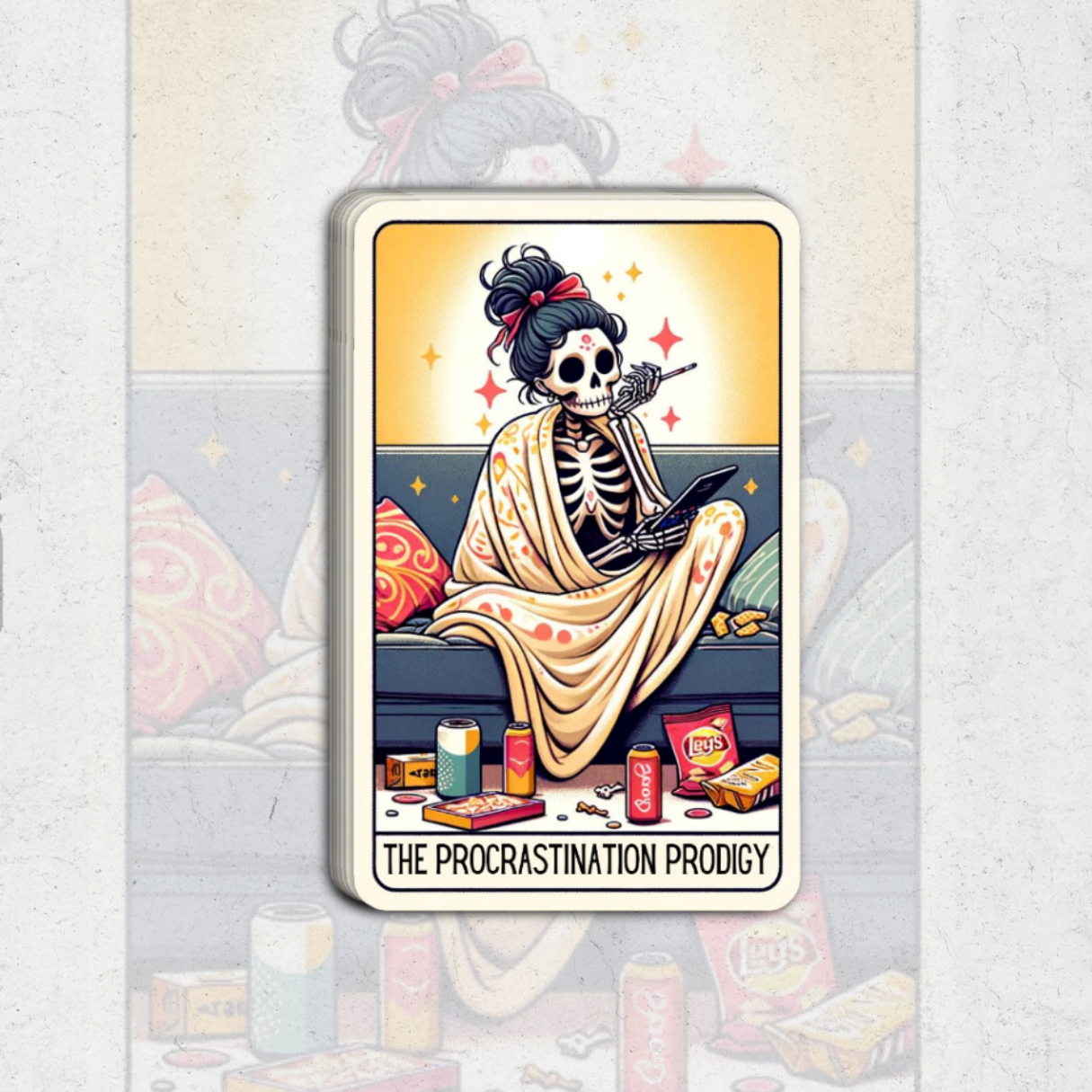 The procrastination prodigy tarot card - glossy vinyl sticker