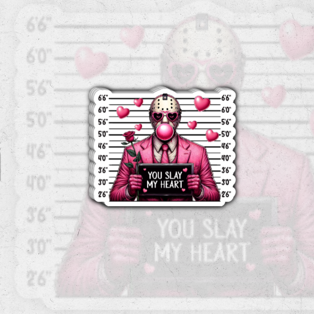 Jason voorhees pink you slay my heart - glossy vinyl sticker