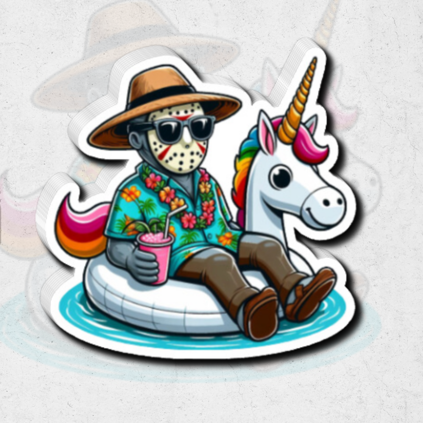 Jason Voorhees on unicorn float - glossy vinyl sticker