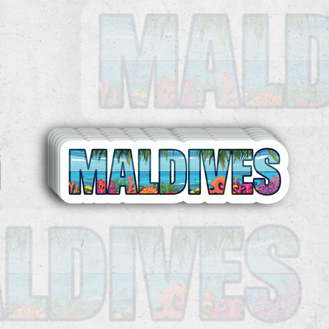 Stack of colorful 'Maldives' themed cards on a light gray background