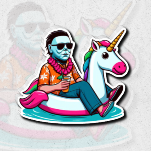 Michael Myers on unicorn float - glossy vinyl sticker