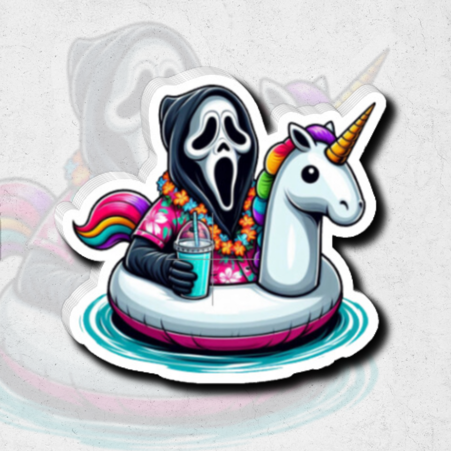 Ghost Face/Scream on unicorn float - glossy vinyl sticker