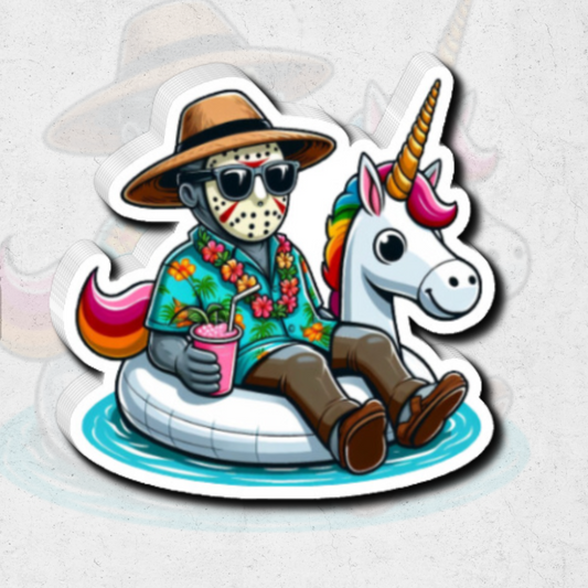 Jason Voorhees on unicorn float - glossy vinyl sticker