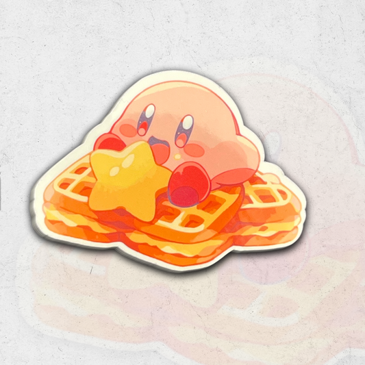 Kirby chilling on waffles - glossy vinyl sticker