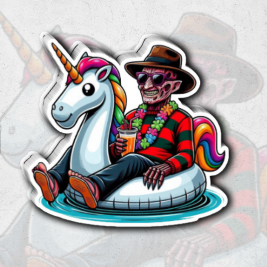 Freddy Krueger on unicorn float - glossy vinyl sticker