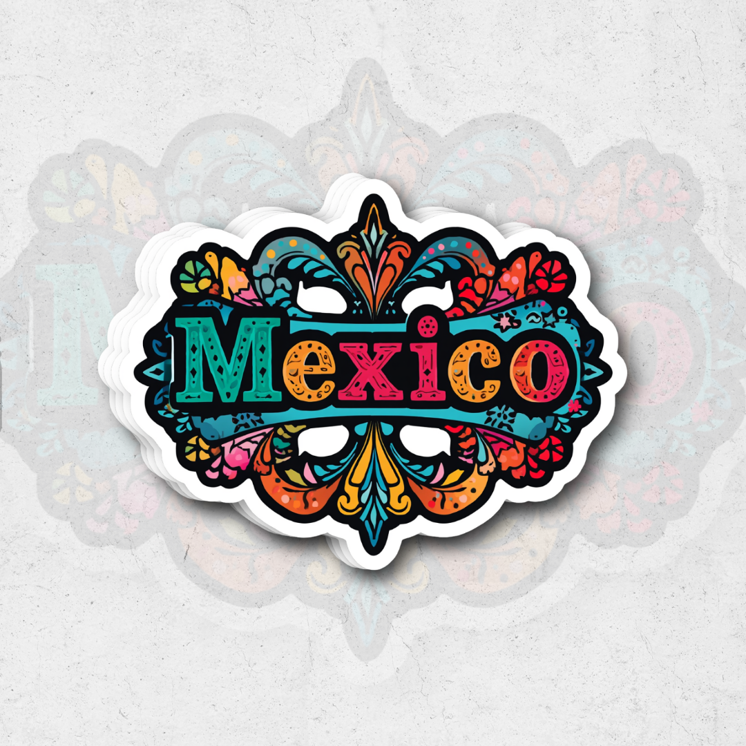 Colorful 'Mexico' sticker with decorative patterns on a light gray background