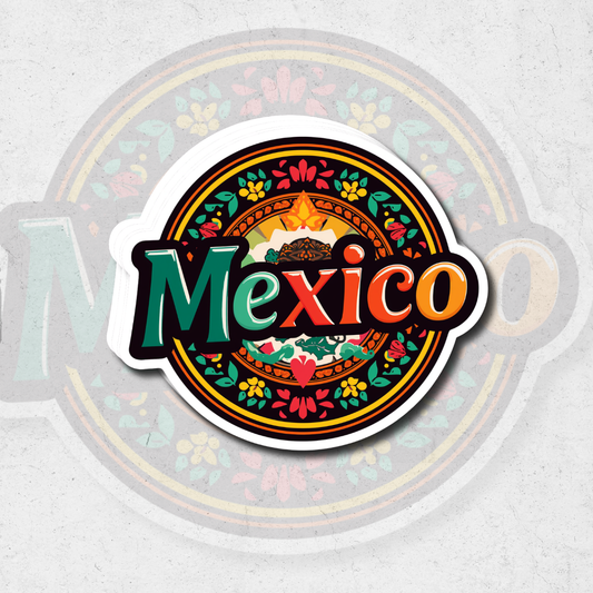 Colorful 'Mexico' sticker with decorative border on a light gray background