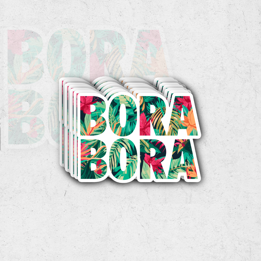 Stack of 'Bora Bora' themed coasters with tropical leaf design on a light gray background