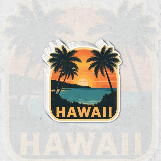 Sticker with a Hawaiian design featuring palm trees and the word 'Hawaii' on a textured background.